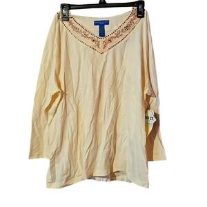 NWT Karen Scott XL Embroidered Cream/Off White V-Neck Top with Sequins [0089]